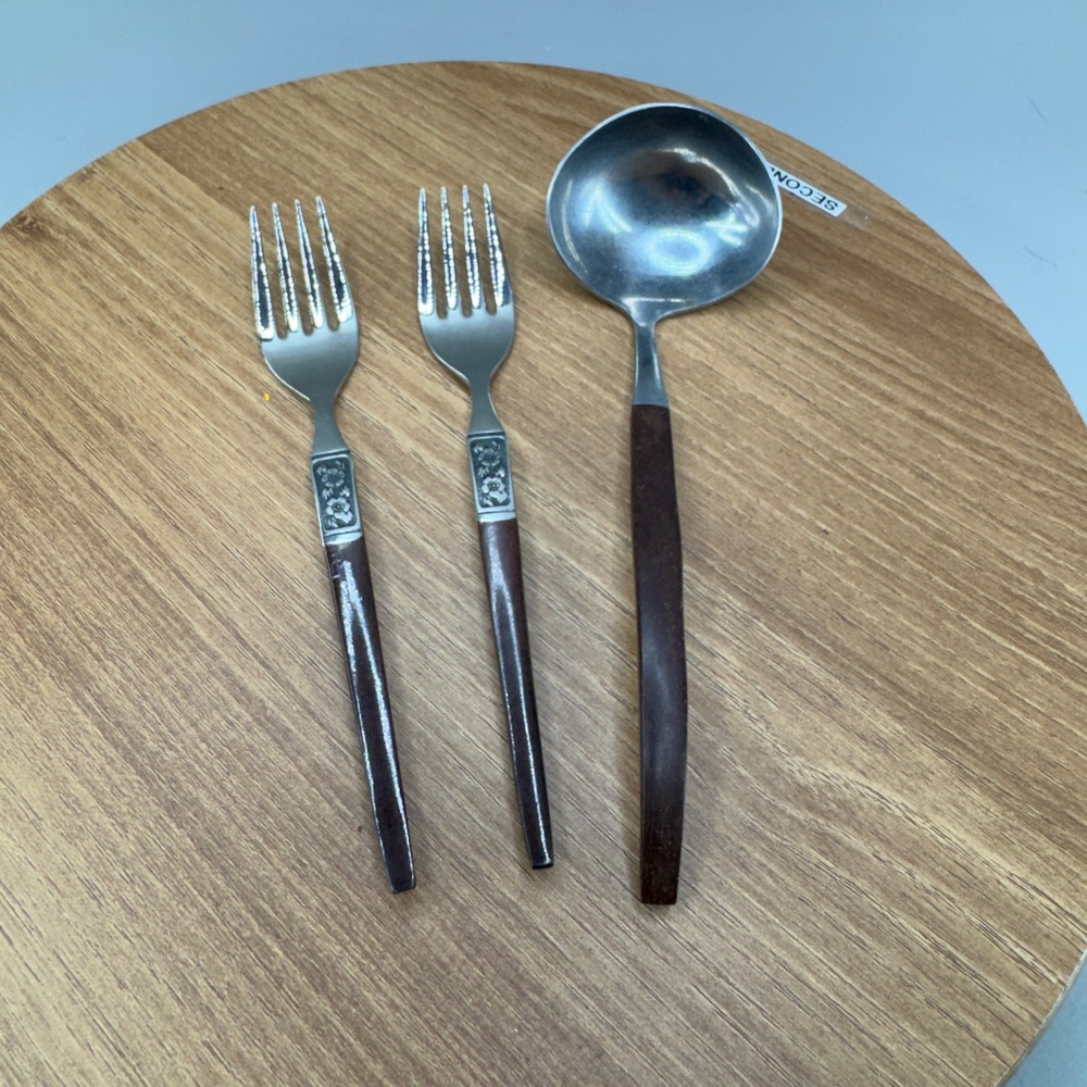 Ekco Eterna Flatware 3pc Brown Faux Wood Handle Stainless Japan MCM Vintage